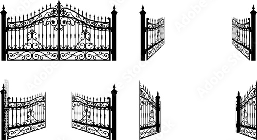 Open Gate Wrought Iron Silhouette Set Classic Ornamental Metal Fence Door Illustration