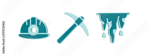 Fotografía Set of 3D icons featuring a teal miner helmet, a pickaxe tool, and hanging icicl