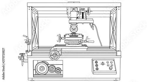 Industrial lathe machine illustration white background.