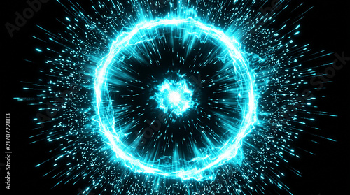 Naklejka 黒い背景に輝く青いエネルギーのリングと中央から爆発する光の粒子