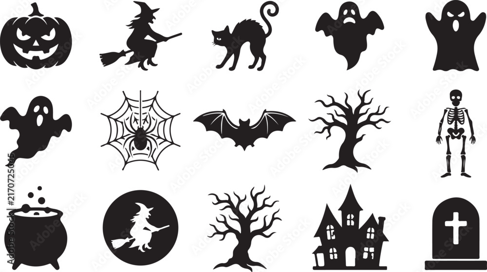 Fototapeta premium Halloween themed black silhouette set featuring a jack-o-lantern, witch on a broomstick, black cat, ghost, spider web, bat, and graveyard