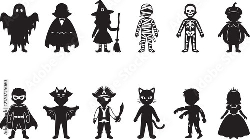 Foto Set of black silhouette featuring children in various halloween costumes includi