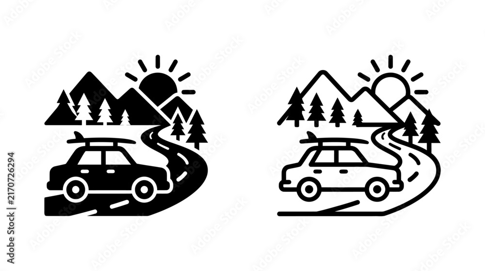 Naklejka premium Landscape scenic icon showing car on road with mountains and sun