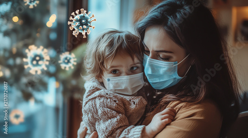 Mother and young daughter wearing protective face masks sitting indoors during outbreak with protective mask family health virus outbreak daughter