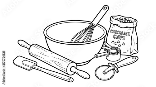 Baking tools including a rolling pin, whisk, spatula, measuring cups, and chocolate chips bag on white background