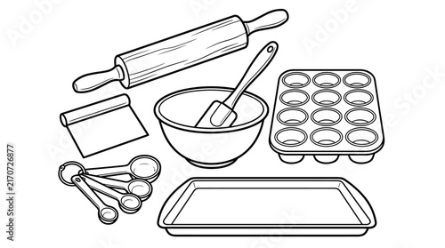 Baking tools including rolling pin, bowl, spatula, measuring spoons, baking sheet, muffin tin, and dough scraper