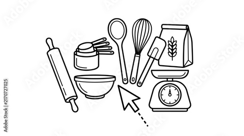 Baking tools set including rolling pin, measuring cups, bowl, whisk, spatula, flour bag, and scales, line art illustration