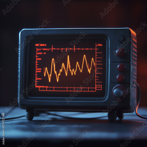 Dark vintage television monitor showing an orange audio wave graph and data grid lines with retro tv orange display oscilloscope waveform retro