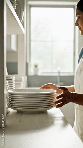 Waitress carrying stack of white plates in kitchen.