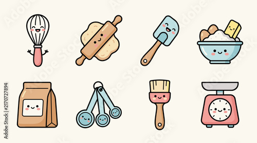 Cute kawaii baking icons set: whisk, rolling pin, spatula, bowl with ingredients, flour bag, measuring spoons, brush, scale