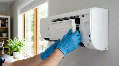 Technician in Blue Gloves Replacing Air Filter in Wall Unit | Installing Clean HEPA Filter Cartridge into Air Conditioner | Indoor Air Quality Service and Air Purifier Filter Replacement