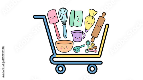 Cute kawaii baking tools in a shopping cart, flat design illustration with smiling faces, isolated on white background