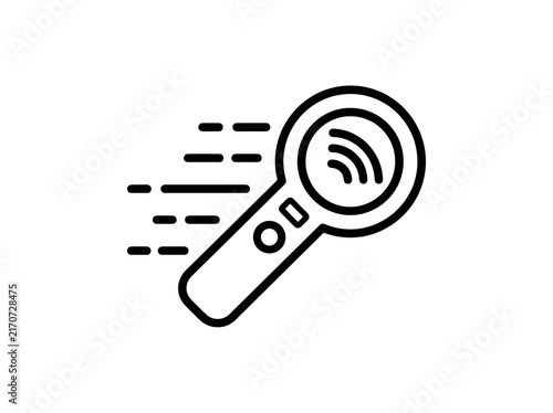 Magnifying glass with wireless signal icon and speed lines for searching fast discovery