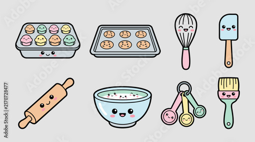 Cute kawaii baking utensils and treats, flat design vector illustration set with happy faces