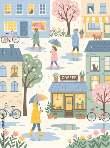 People Walking With Umbrellas on a Rainy Spring Day in a Cozy City Neighborhood