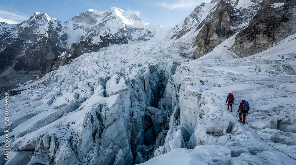 Fototapeta premium Two mountain climbers trekking across a massive snow and ice glacier with deep crevasses and towering Himalayan peaks.