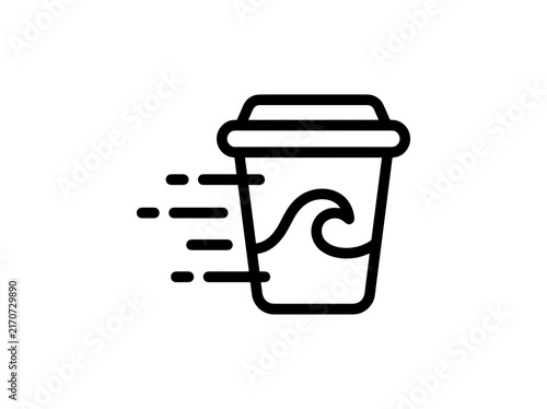 A stylized coffee cup with a wave graphic moves quickly with motion lines