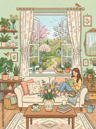 Cozy Spring Afternoon Illustration Featuring a Girl Reading on a Comfortable Sofa