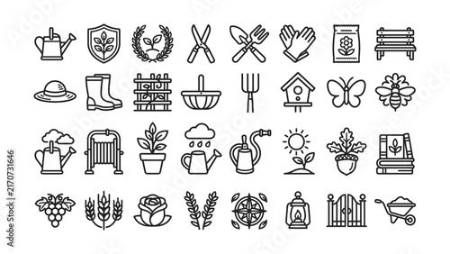 Gardening icon set for websites and blogs with plants and tools