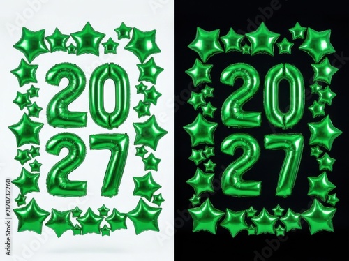 Green foil balloons in the shape of numbers 2027 surrounded by starshaped balloons, festive new year celebration decor