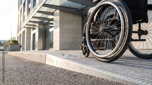 Person in a wheelchair navigating a handicap accessible concrete ramp at the entrance of a modern city building.