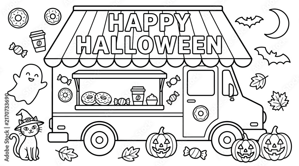 Fototapeta premium Halloween food truck coloring page with donuts, coffee, candy, ghost, cat, pumpkins, and bats