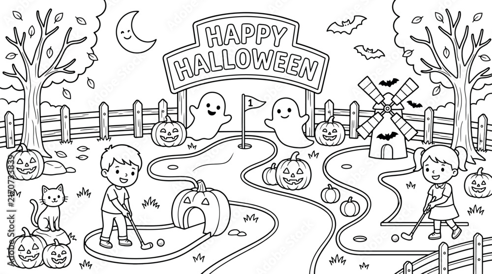 Fototapeta premium Coloring page of kids playing halloween miniature golf