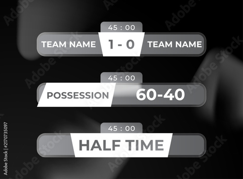 Фотография Dark monochrome football scoreboard with glassmorphism panels, score, possession, halftime, timer, and sleek grayscale sports broadcast graphics
