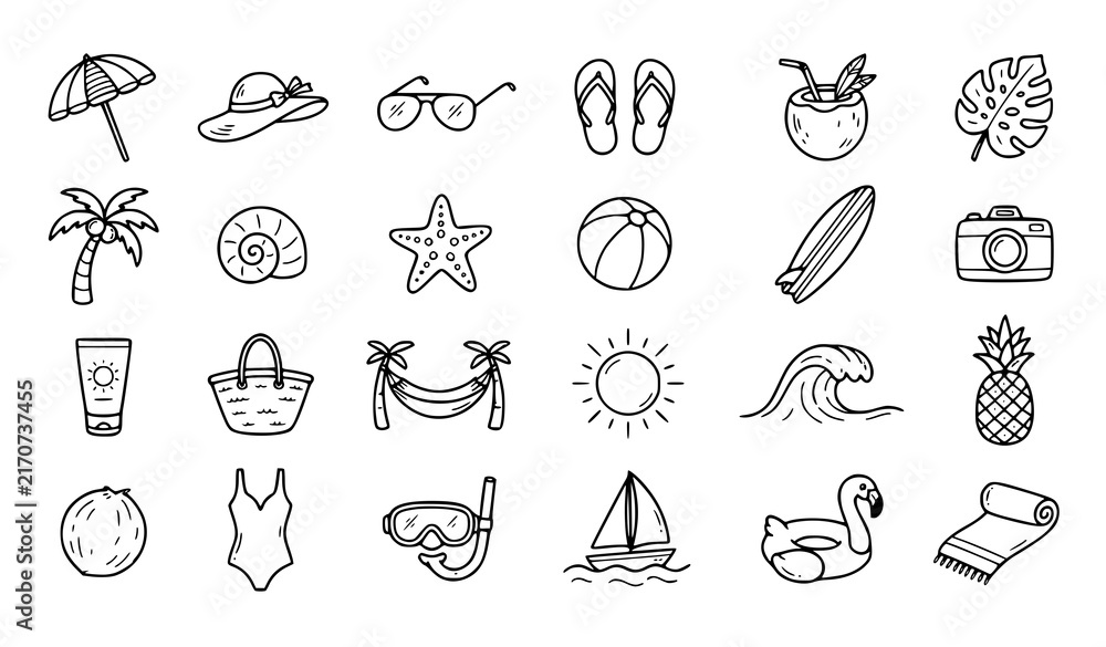 Fototapeta premium Hand Drawn Tropical Beach Vacation Doodle Icons Set with Summer Travel Elements