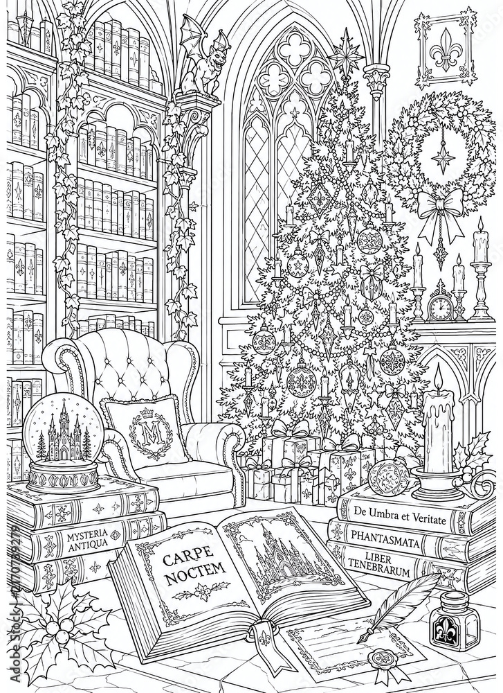 Obraz premium Detailed black and white coloring page featuring a candlelit Gothic Christmas library with bookshelves, decorated tree, wreath, ornaments, old books, and an arched window. Dark academia holiday line a