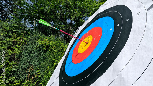 Obraz na płótnie Arrow striking the bullseye of an archery target, symbolizing precision, success