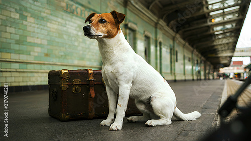 Jack russell terrier sits beside vintage trunk on platform