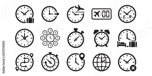 Collection of black flat icons representing time clocks travel and scheduling on a white background