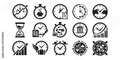 Collection of black flat icons representing time finance and business concepts on a white background