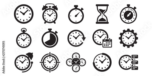 Collection of black timekeeping icons on a white background including clocks hourglasses and stopwatches