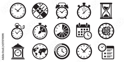 Collection of black timekeeping icons on a white background including clocks hourglasses and calendars