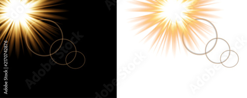 Golden sun flare light effect with lens circles on black and white backgrounds