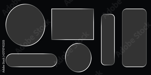 Set of frosted glass shapes with soft glowing edges isolated on black background