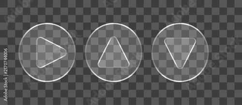 Glassmorphism UI navigation buttons with play, up and down arrow icons on transparent background