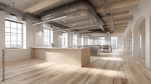 Modern open plan office interior with wooden floors and large windows