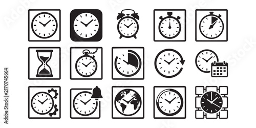 Collection of black and white timekeeping icons including clocks hourglasses and stopwatches