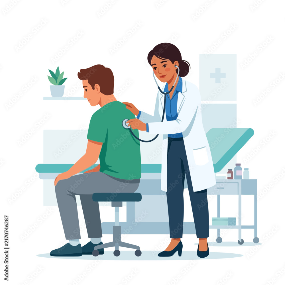 Obraz premium Doctor examining patient with stethoscope in a modern clinic examination room. Medical check-up illustration.