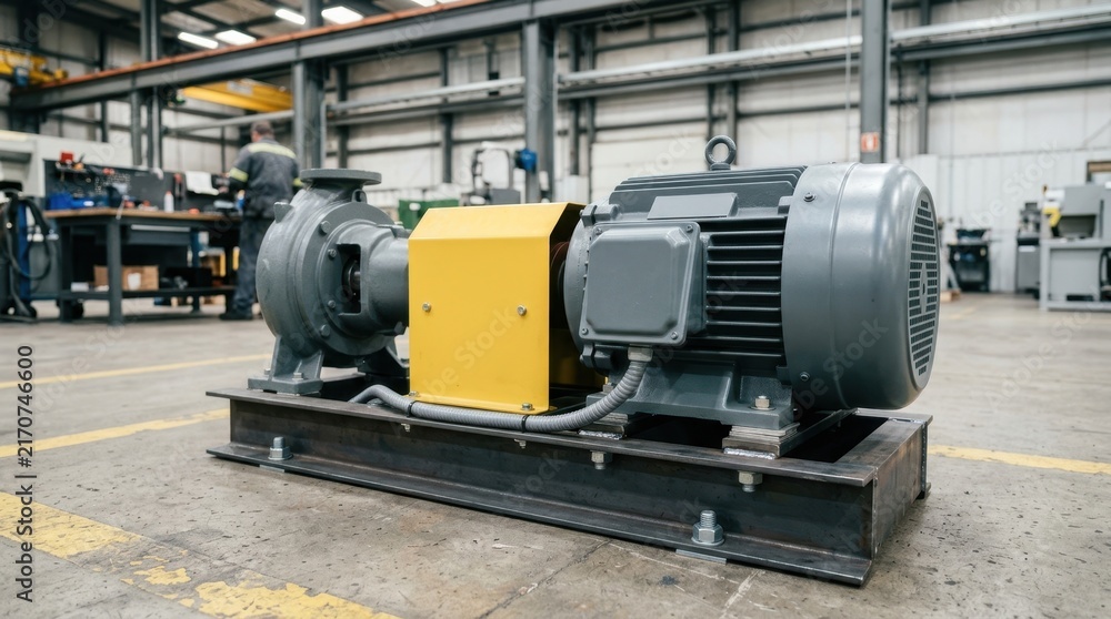 Fototapeta premium Heavy duty industrial electric motor and pump assembly on a steel base. Factory machinery with yellow safety guard on a workshop floor
