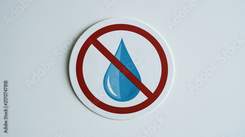 Single water safety warning label isolated on plain seamless studio background soft studio lighting centered minimal composition, water treatment plant education literacy