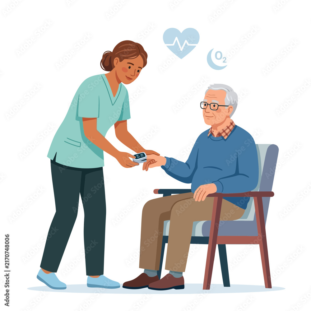 Fototapeta premium Nurse checks elderly man's oxygen saturation with pulse oximeter, healthcare, medical care, and support concepts