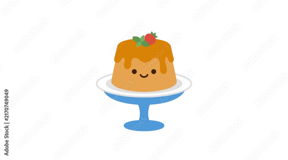 Fototapeta premium Cute Kawaii Caramel Pudding Flan Dessert Character with Face on Blue Cake Stand