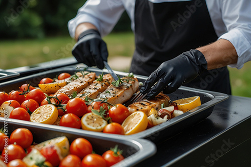 Chef in black gloves preparing grilled fish fillet with fresh cherry tomatoes and lemon slices in professional kitchen culinary food service.