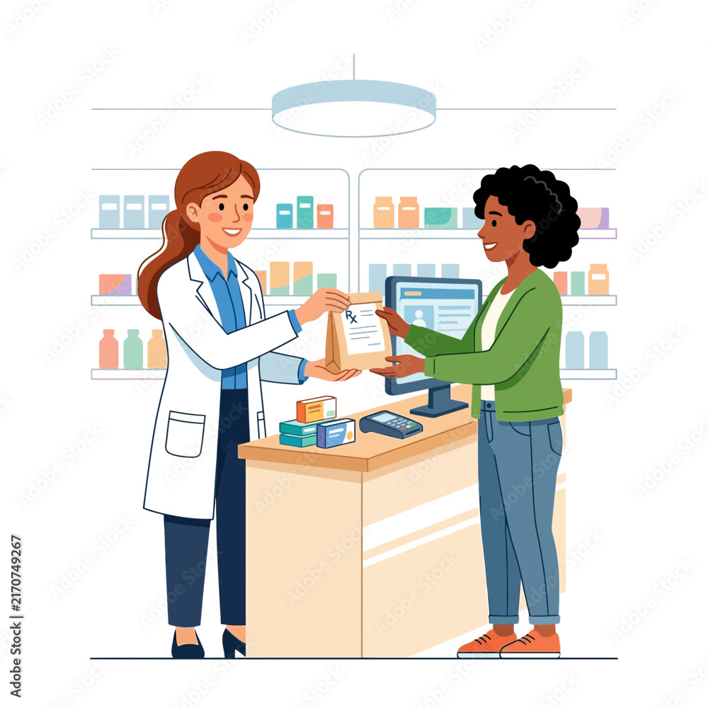 Obraz premium Pharmacist hands prescription bag to customer at pharmacy counter, illustration.