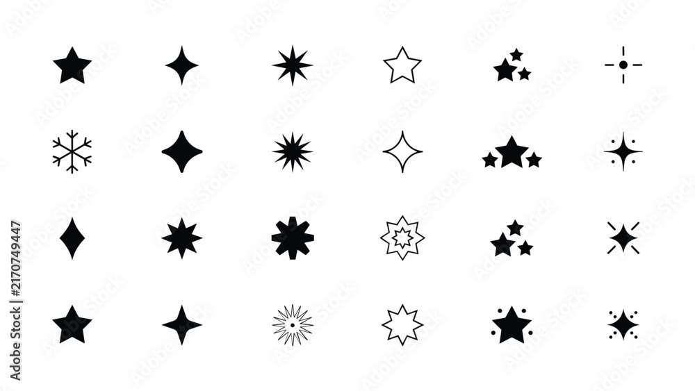 Fototapeta premium Generative AI sparkle icon set for Adobe Illustrator, vector collection of clean star symbols, magical glitter effects and decorative shine elements