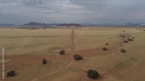 Namibian landscape, drone flight over the arid African savannah